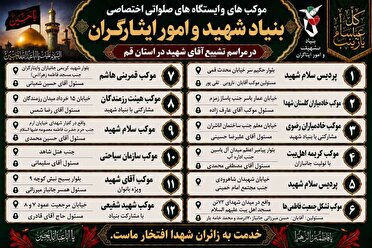نشانی موکب های بنیاد شهید و امور ایثارگران قم در مراسم تشییع آقای شهید